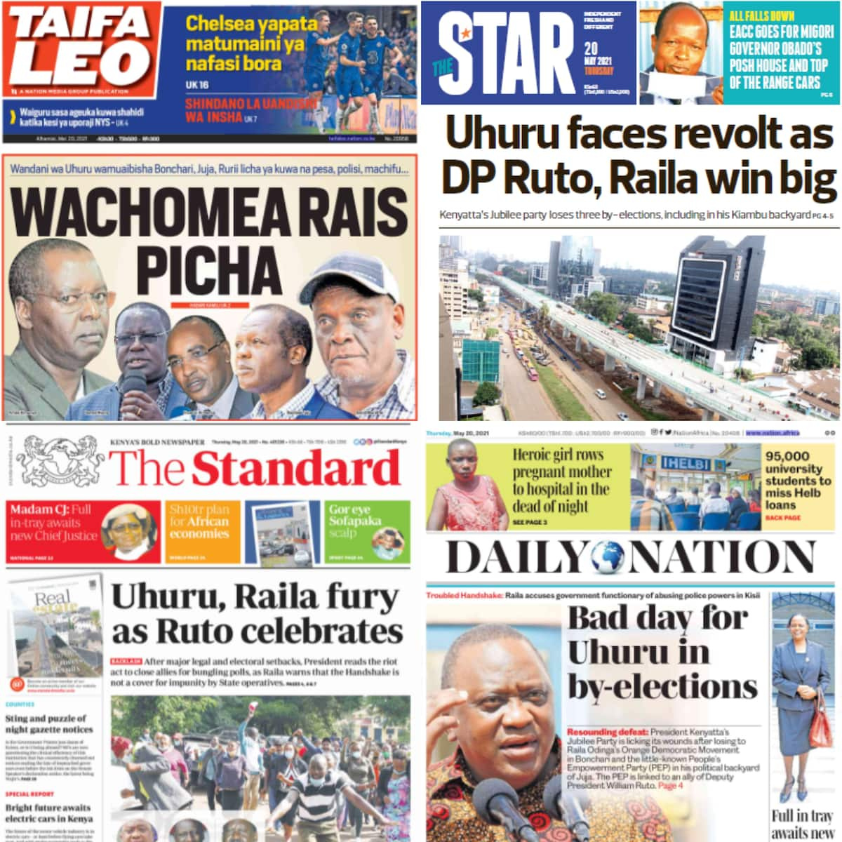 Magazeti Alhamisi, Mei 20: Uhuru achemka kwa hasira kupoteza uchaguzi Juja