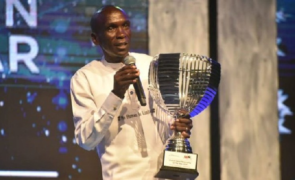 Eliud Kipchoge speaks after he was crowned the Sports personality of the Year at the Soya gala