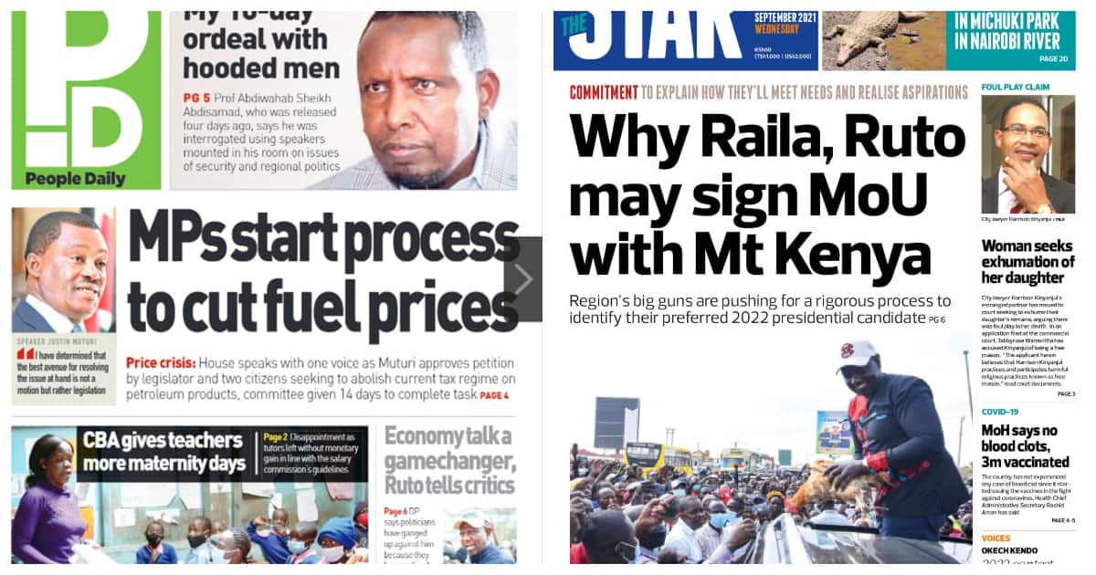 Magazeti Jumatano: Mt Kenya yawakazia Ruto na Raila, watakiwa kutoboka zaidi