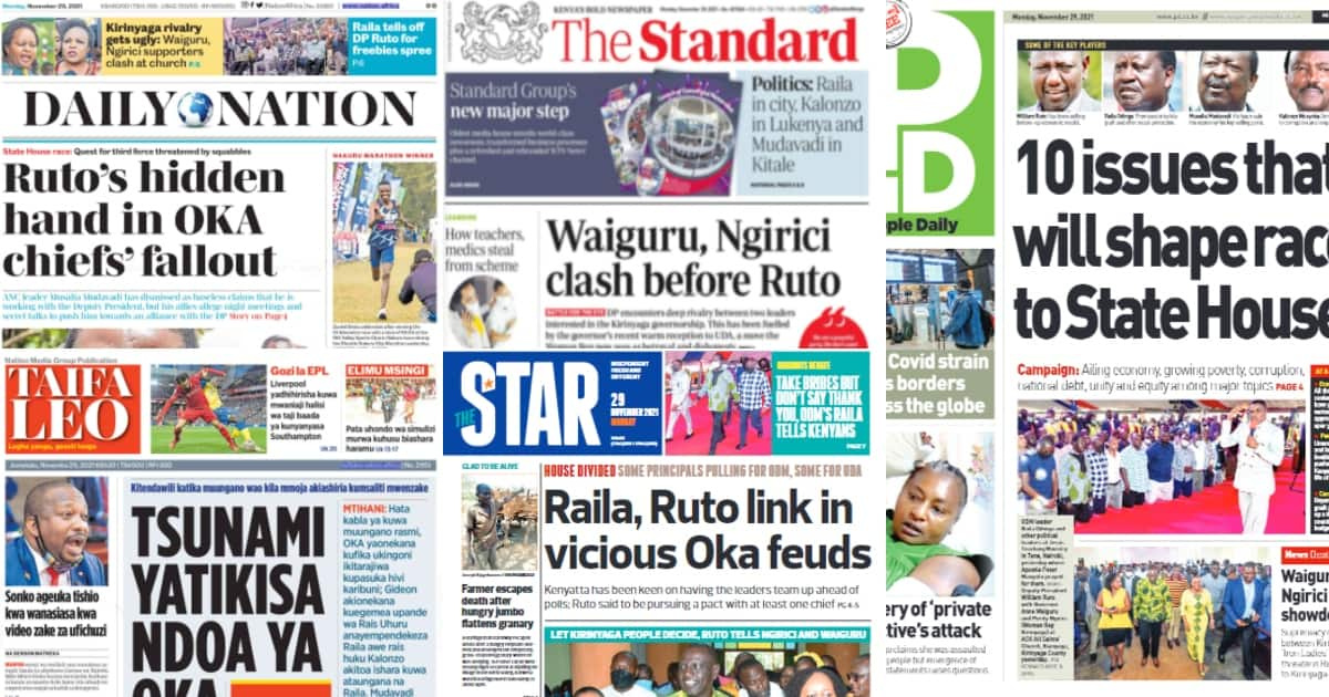 Magazeti ya Jumatatu, Novemba 29: Ngirici, Waiguru wagongana mbele ya Ruto