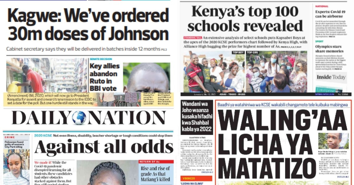 Magazeti,Jumatano, Mei 12: Waliong'aa KCPE 2016 wafifia kwenye KCSE 2020