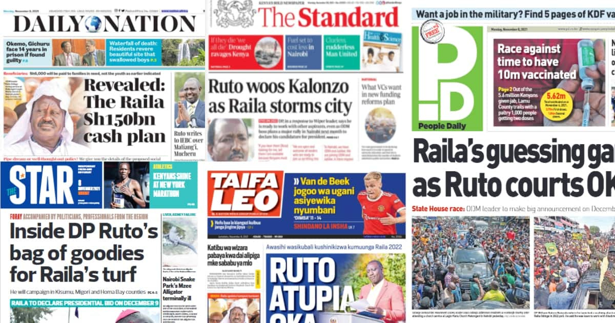 Magazeti ya Jumatatu, Novemba 8: Ruto amjibu Kalonzo ataka watangetange pamoja