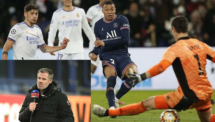 Kylian Mbappe akiwa anafunga goli dhidi ya Real Madrid)